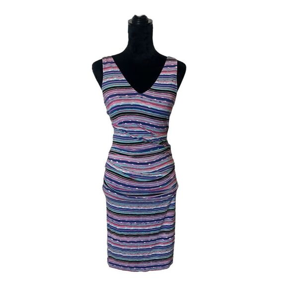 Nicole Miller Collection Wren Jungle Multicolored Striped Tuck Dress Size Small - Picture 4 of 16